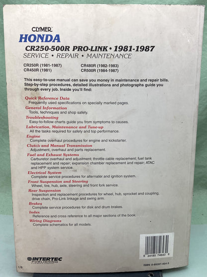 Genuine Clymer M443 Honda CR250-500R Pro-Link Service Manual '81-'87