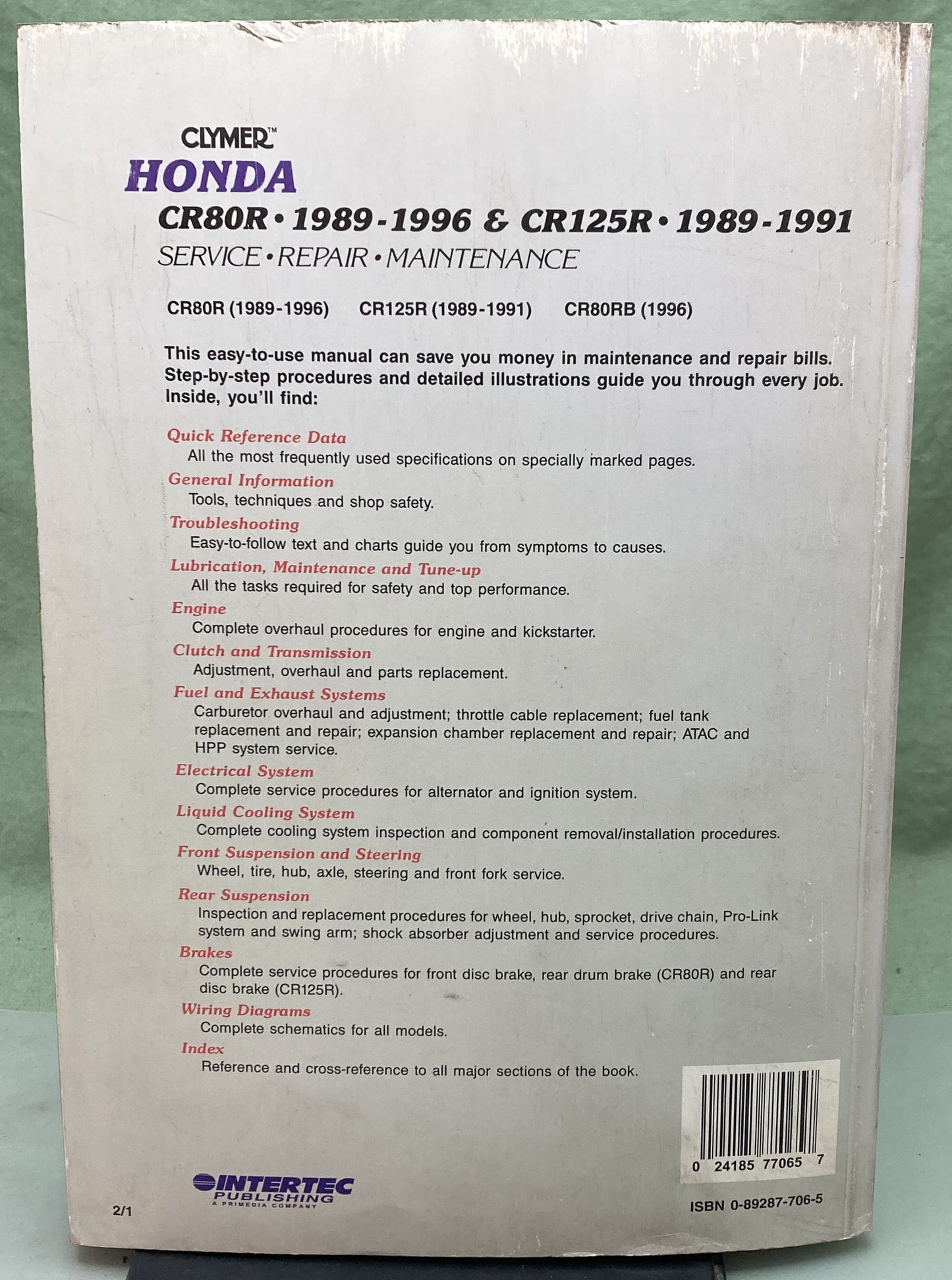 Genuine Clymer M431-2 Honda CR80R, CR125R Service Manual '89-'96