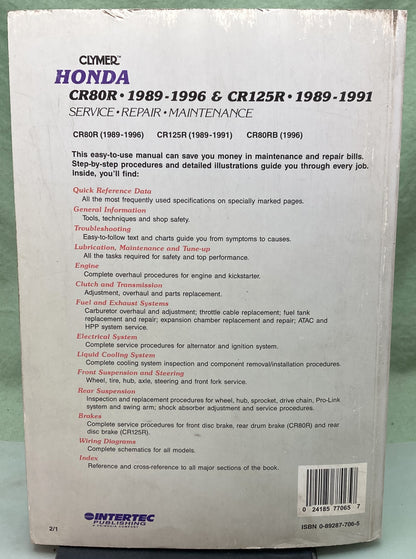 Genuine Clymer M431-2 Honda CR80R, CR125R Service Manual '89-'96