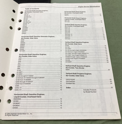 Genuine Honda TO144 Engine Service Specifications 1995