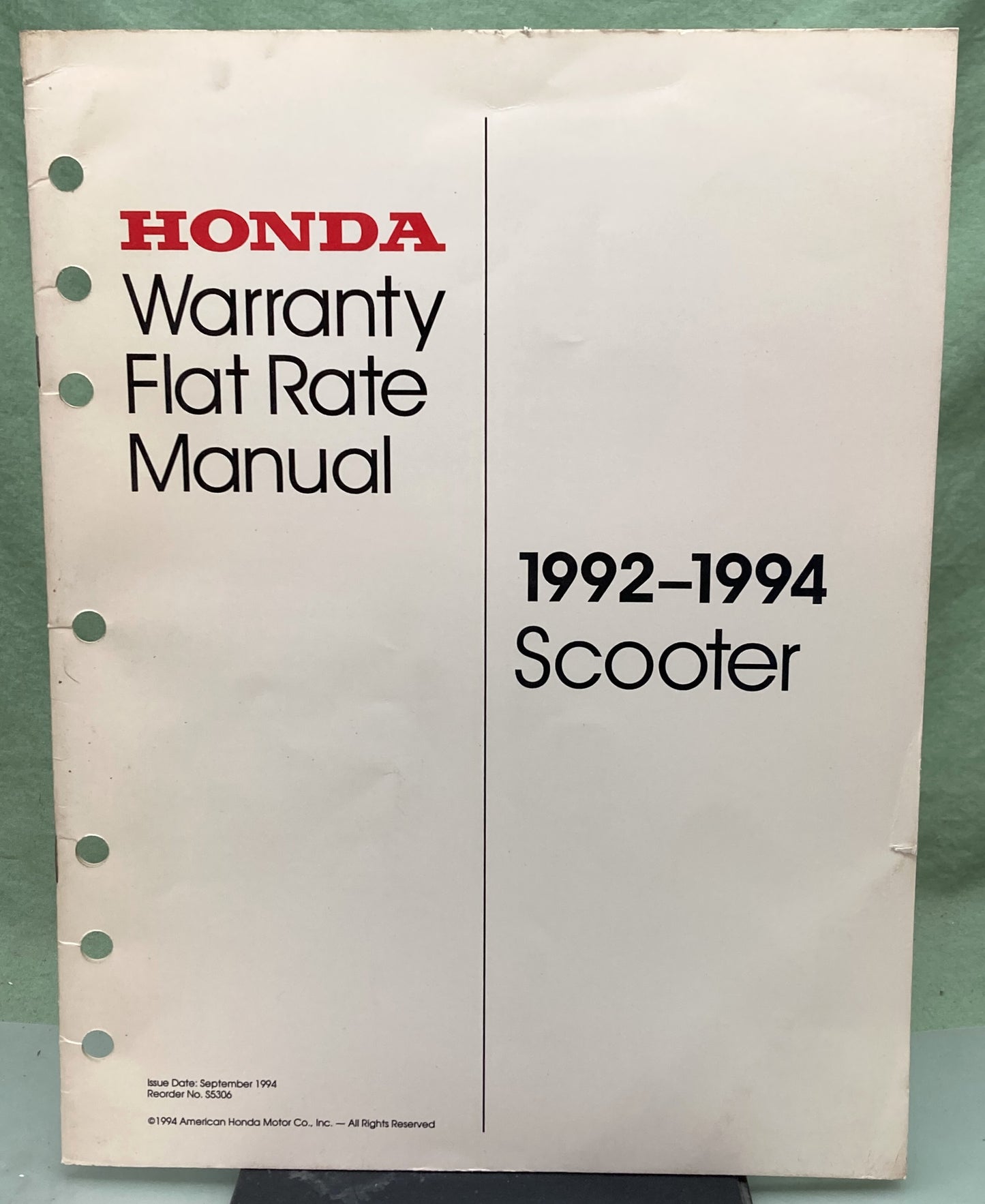 Genuine Honda S5306 Scooter Warranty Flat Rate Manual 1992-1994