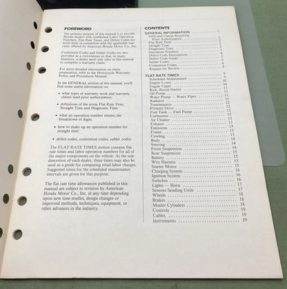Genuine Honda S5019 Scooter Warranty Flat Rate Manual 1987