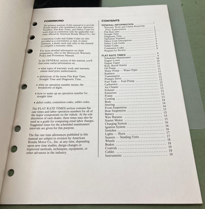 Genuine Honda S5038 Scooter Warranty Flat Rate Manual 1990