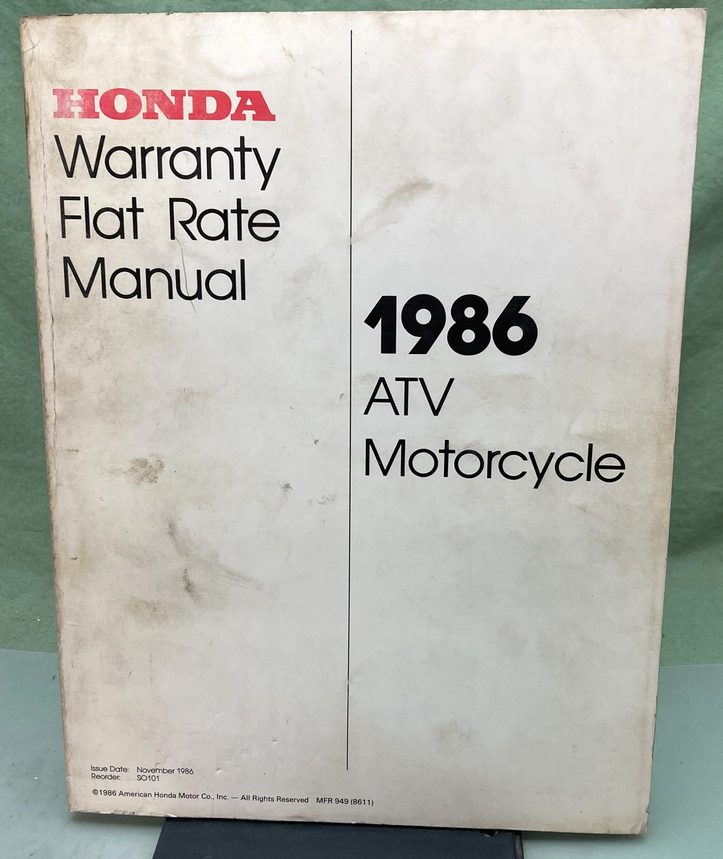 Genuine Honda SO101 ATV Motorcycle Warranty Flat Rate Manual 1986