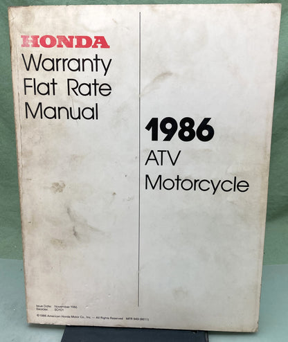 Genuine Honda SO101 ATV Motorcycle Warranty Flat Rate Manual 1986