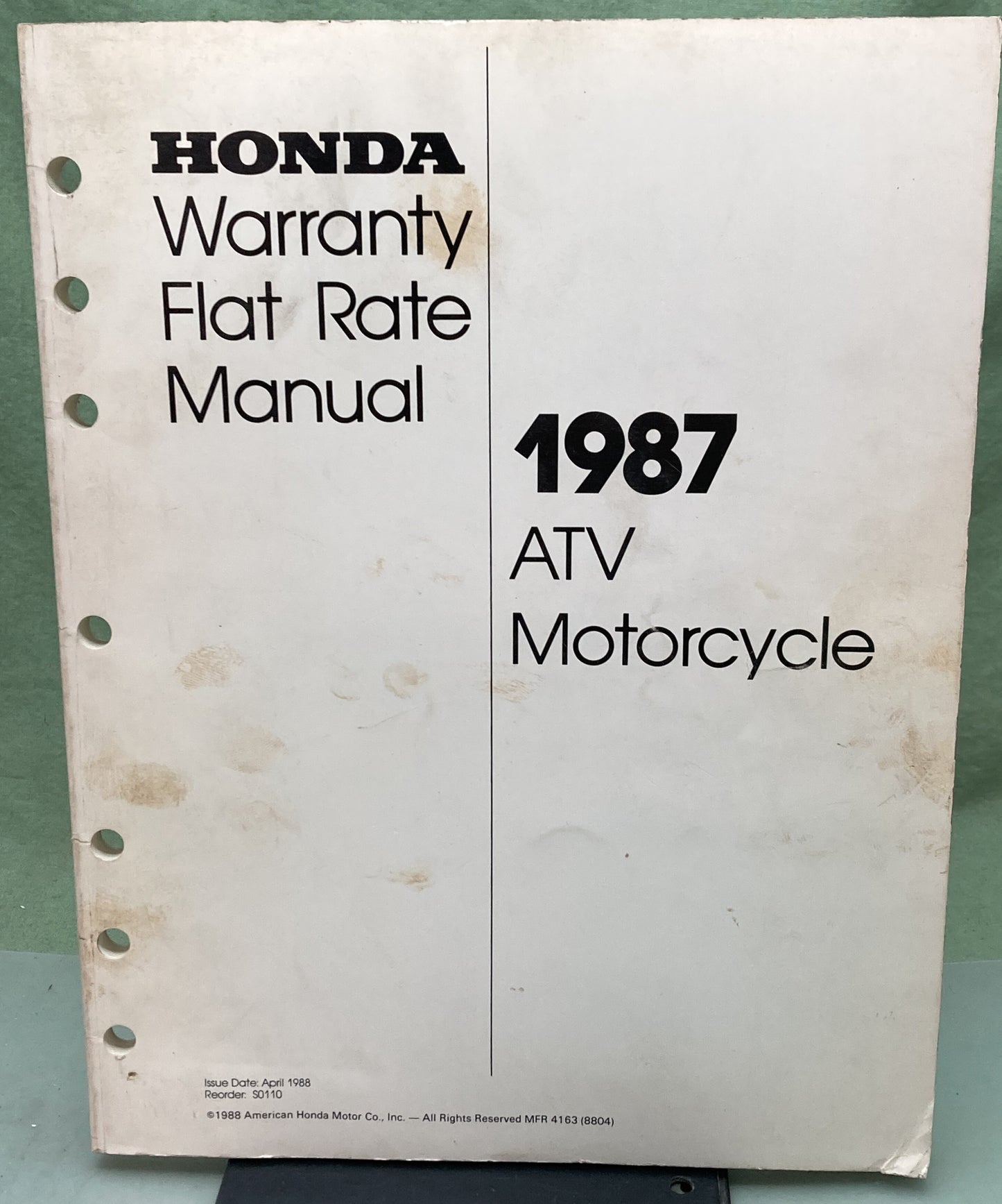 Genuine Honda SO110 ATV Motorcycle Warranty Flat Rate Manual 1987