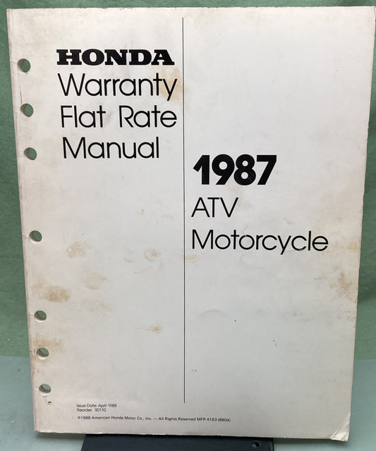 Genuine Honda SO110 ATV Motorcycle Warranty Flat Rate Manual 1987