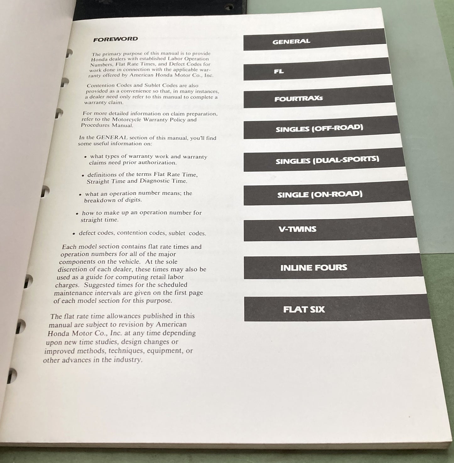 Genuine Honda SO932 ATV Motorcycle Warranty Flat Rate Manual 1989