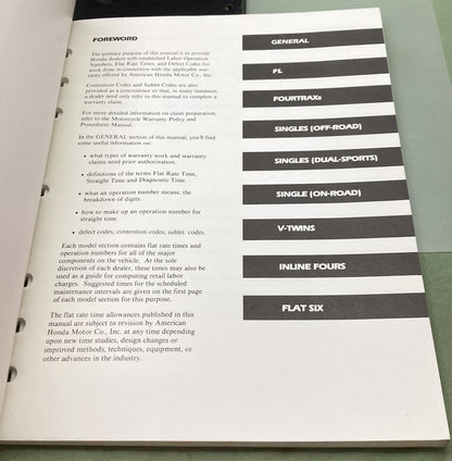 Genuine Honda SO932 ATV Motorcycle Warranty Flat Rate Manual 1989