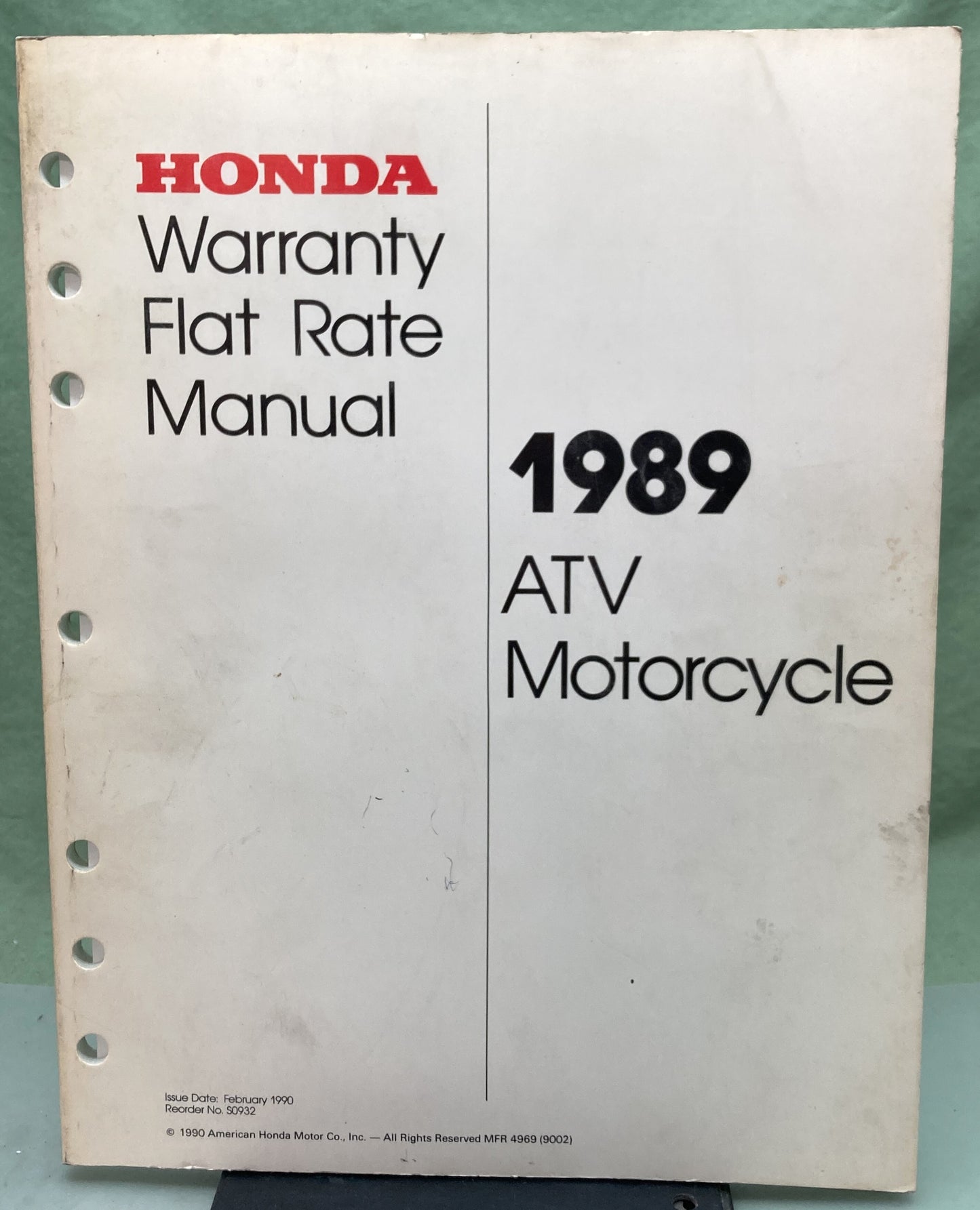 Genuine Honda SO932 ATV Motorcycle Warranty Flat Rate Manual 1989