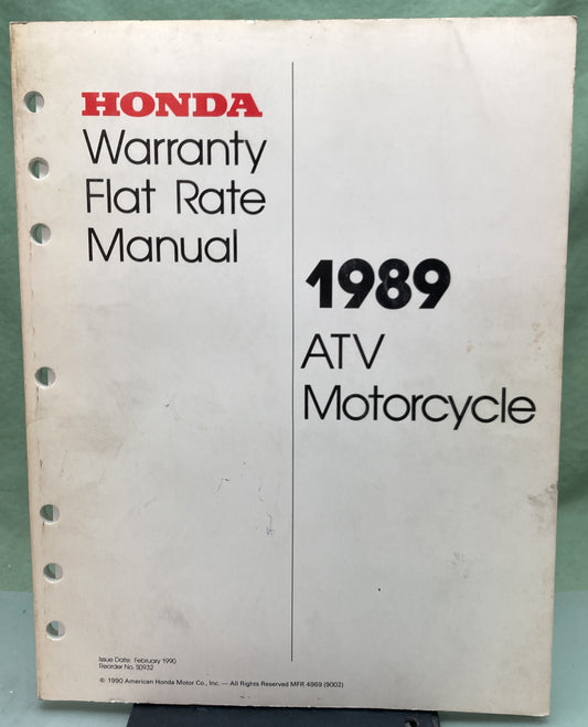 Genuine Honda SO932 ATV Motorcycle Warranty Flat Rate Manual 1989