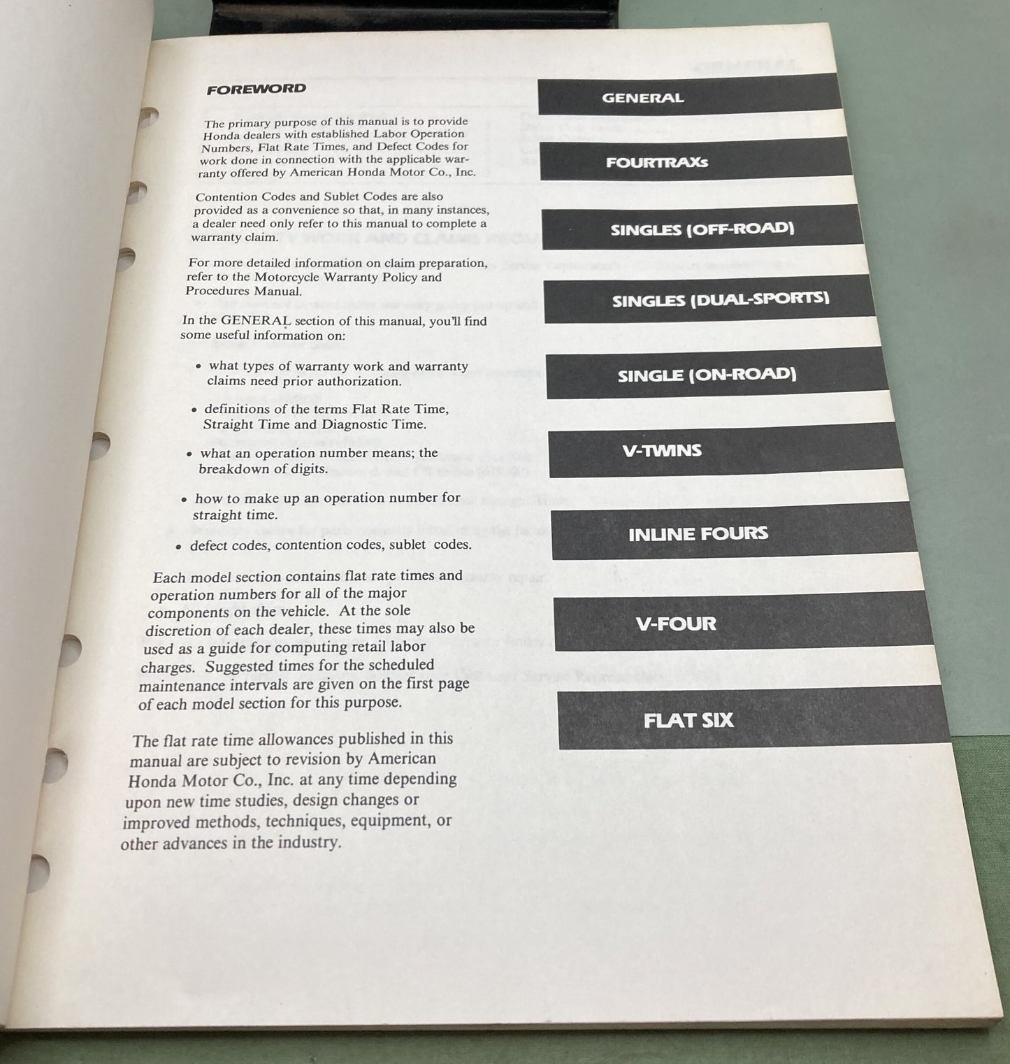 Genuine Honda S0713 ATV Motorcycle Warranty Flat Rate Manual 1988