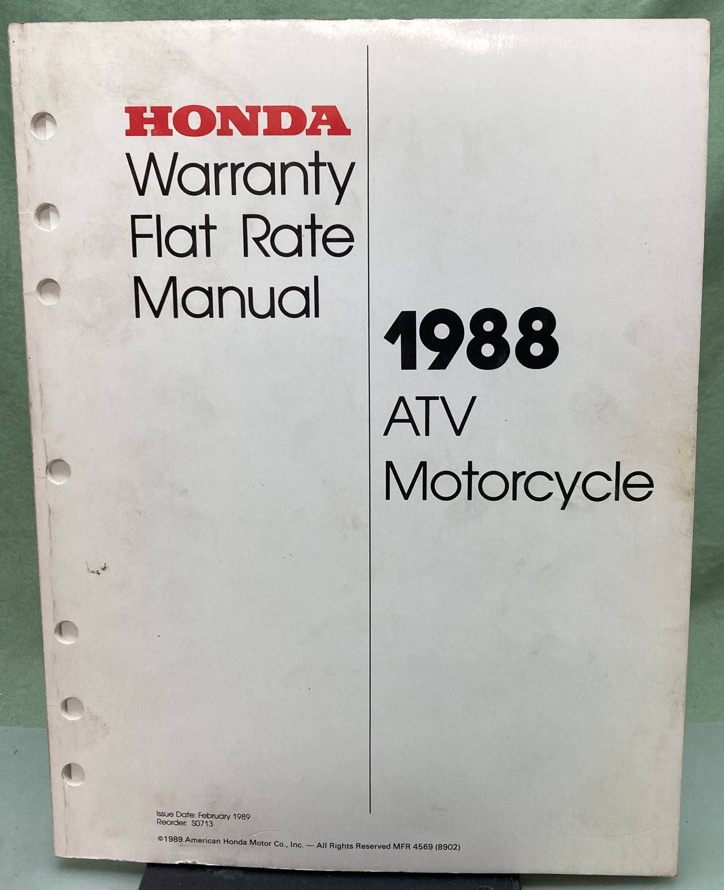 Genuine Honda S0713 ATV Motorcycle Warranty Flat Rate Manual 1988