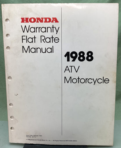 Genuine Honda S0713 ATV Motorcycle Warranty Flat Rate Manual 1988
