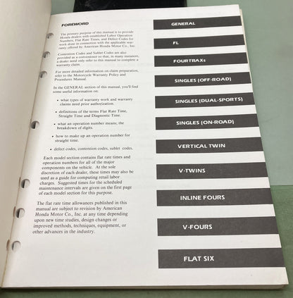 Genuine Honda S0478 ATV Motorcycle Warranty Flat Rate Manual 1990
