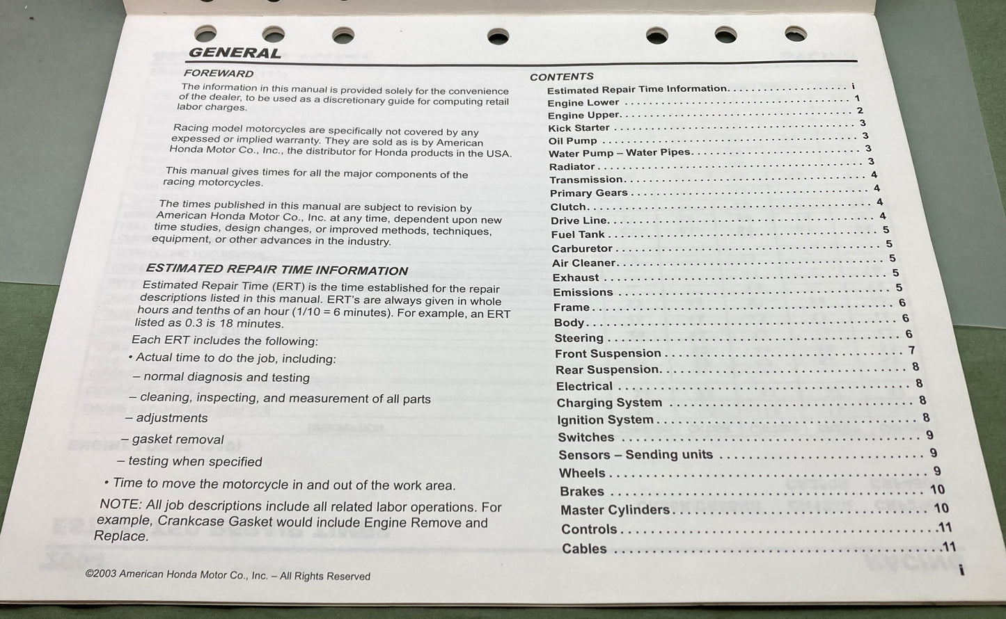 Genuine Honda S0318 Racing Estimated Repair Times Manual 2004