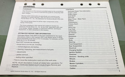Genuine Honda S0318 Racing Estimated Repair Times Manual 2004