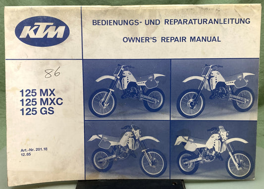 Genuine KTM 201181285 125MX, 125MXC, 125GS Owner's Repair Manual 1986