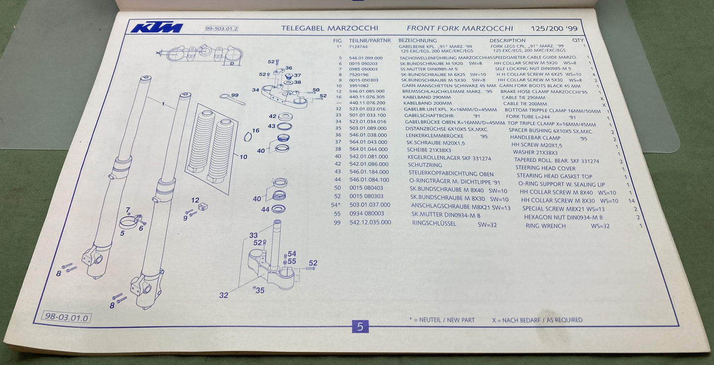 Genuine KTM 320455798 125/200 SX/MXC/EXC/EGS Spare Parts Manual '99