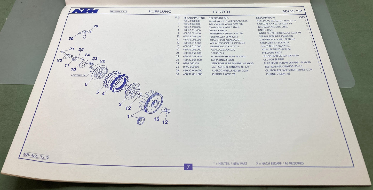 Genuine KTM 320429298 60/65 SX Motor Engine Spare Parts Manual '98