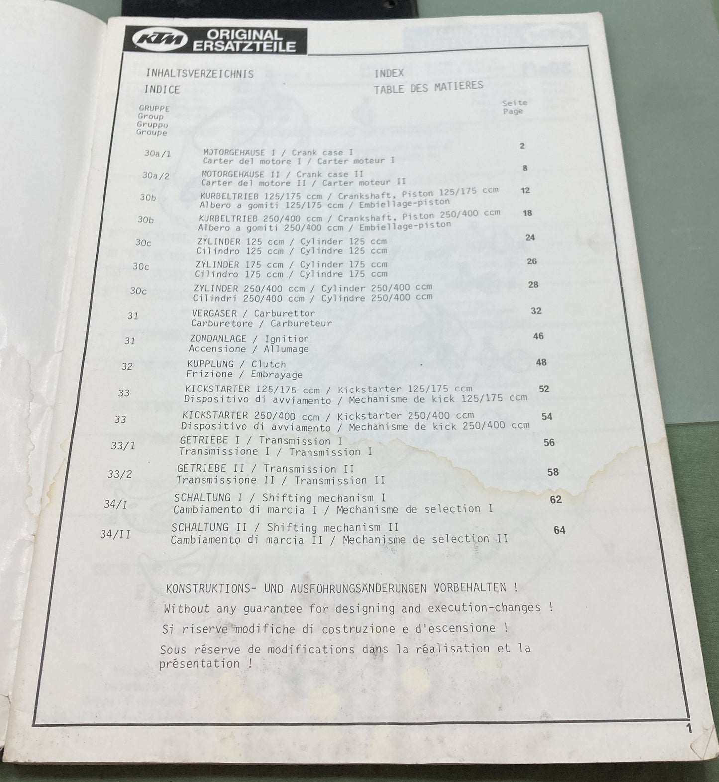 Genuine KTM 125-175-240/250-340/400 Motor Spare Parts Manual August '80