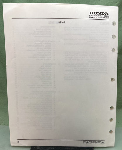 New Genuine Honda 61ZB101 EM1600X, EM1800X, EM2200X, EB2200X Service Manual '83