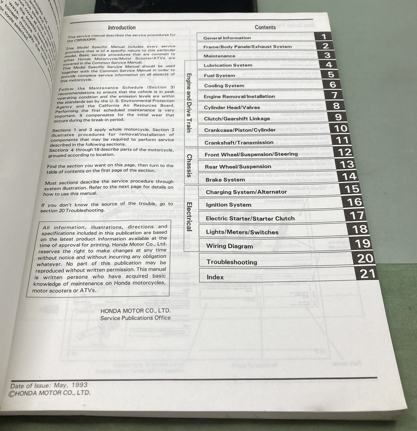 Genuine Honda 61MW001 CBR900RR Service Manual 1993
