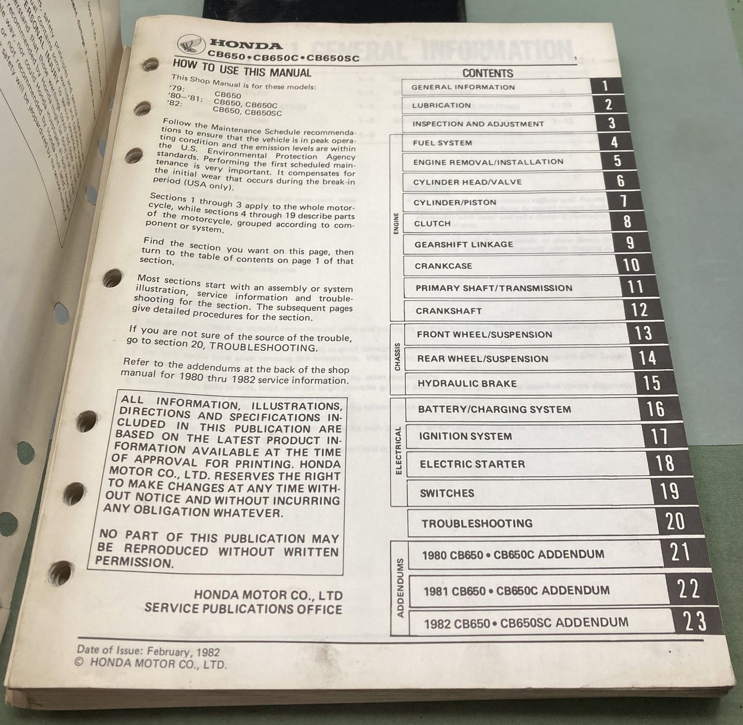 Genuine Honda 6142603 CB650's Shop Manual 1982