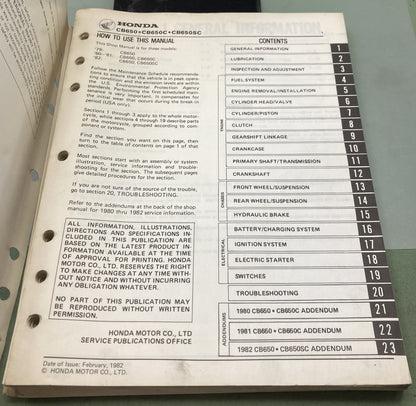Genuine Honda 6142603 CB650's Shop Manual 1982