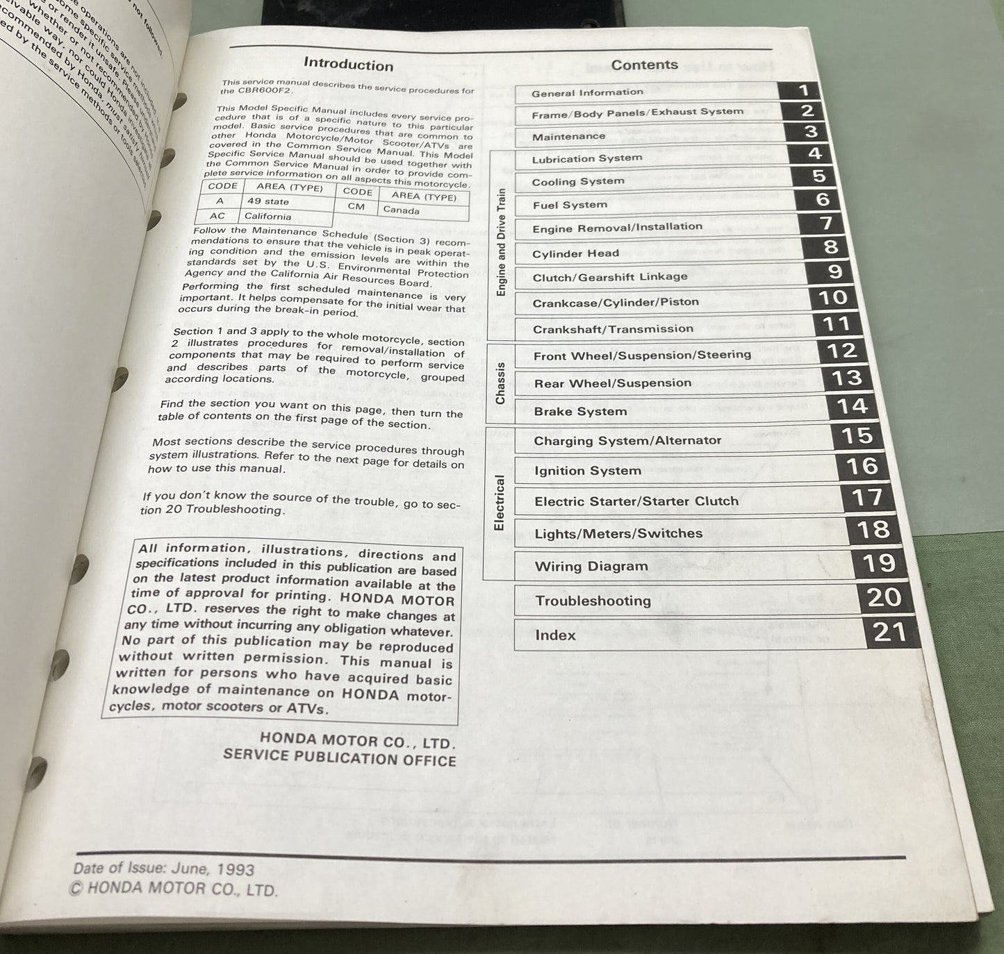 Genuine Honda 61MV903 CBR600F2 Service Manual 1993