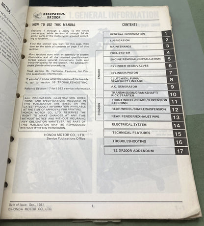 Genuine Honda 61KA201 XR200R Shop Manual 1981