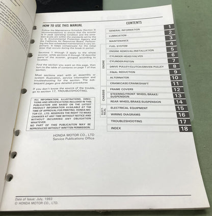 Genuine Honda 61GV417 CH250 Elite Service Manual 1993