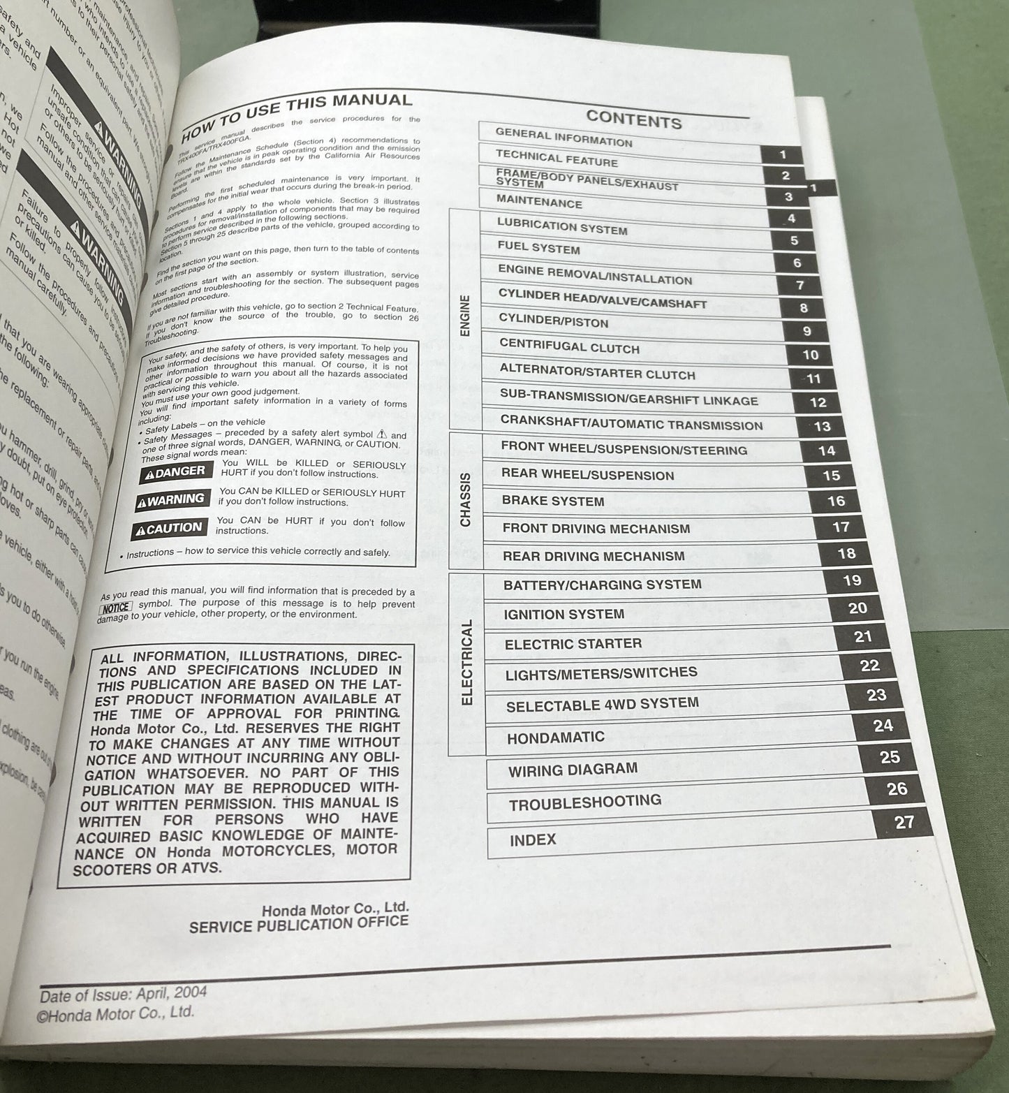Genuine Honda 61HN700 TRX400FA TRX400FGA Service Manual 2004