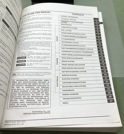 Genuine Honda 61HN700 TRX400FA TRX400FGA Service Manual 2004