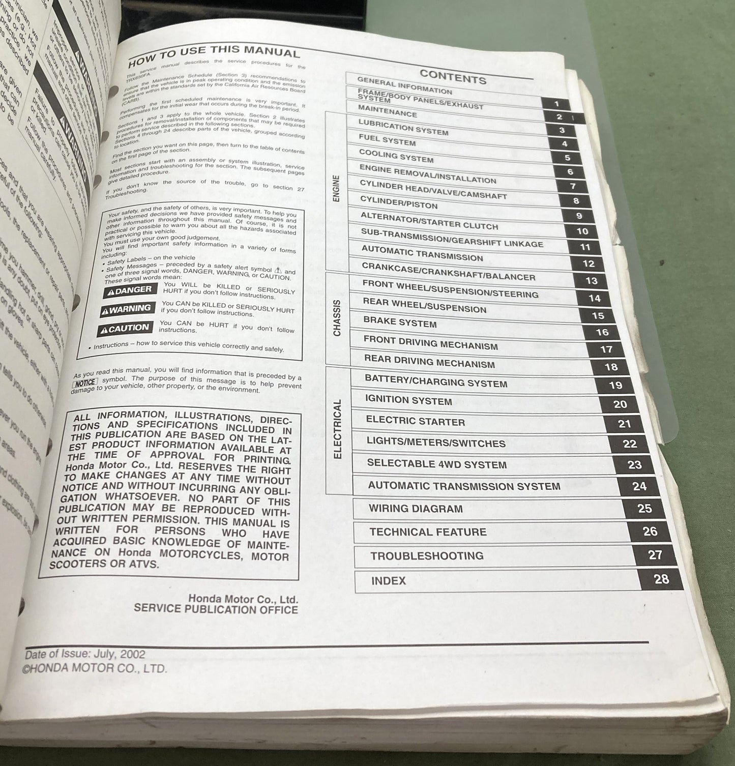 Genuine Honda 61HN800 TRX650FA Rincon Service Manual 2002