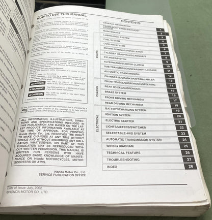 Genuine Honda 61HN800 TRX650FA Rincon Service Manual 2002