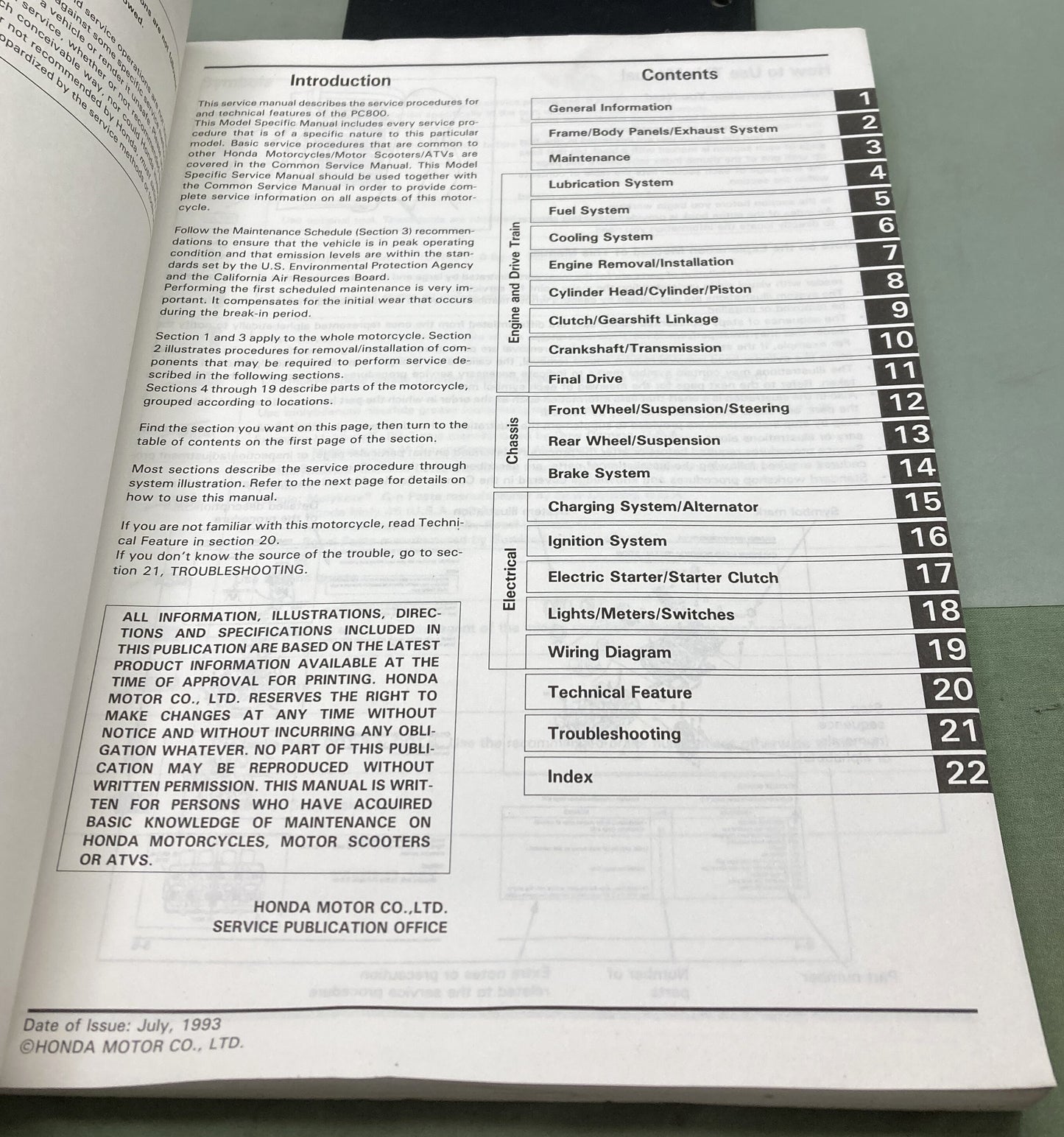 Genuine Honda 61MR502 PC800 Pacific Coast Service Manual 1993