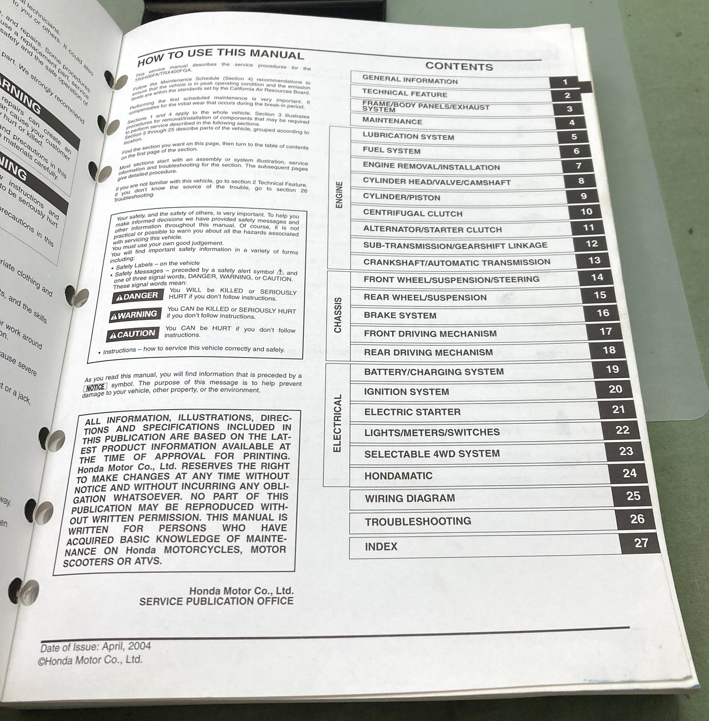 Genuine Honda 61HN702 TRX400FA TRX400FGA Service Manual 2004