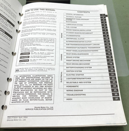 Genuine Honda 61HN702 TRX400FA TRX400FGA Service Manual 2004