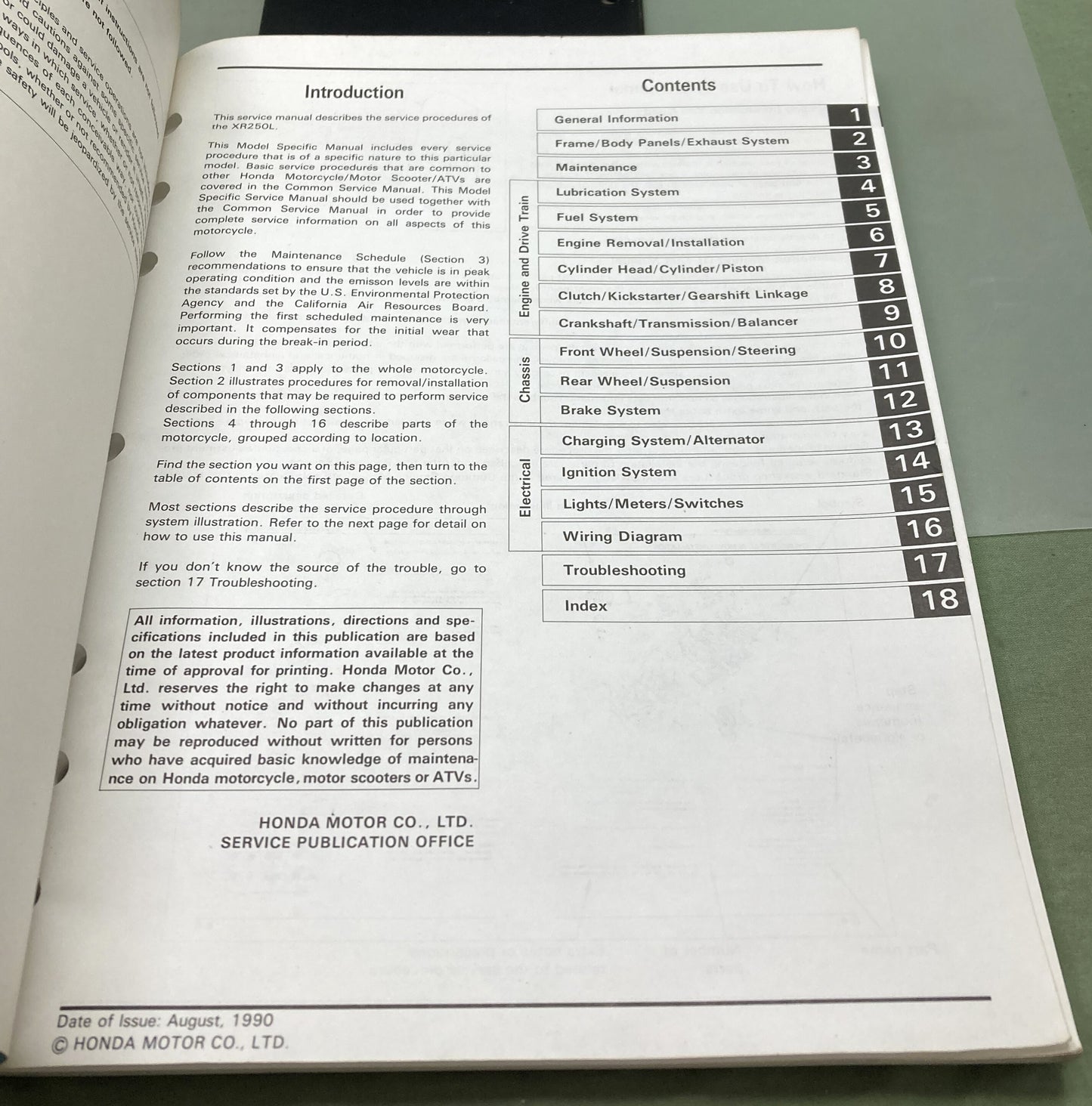 Genuine Honda 61KV602 XR250L Service Manual 1990