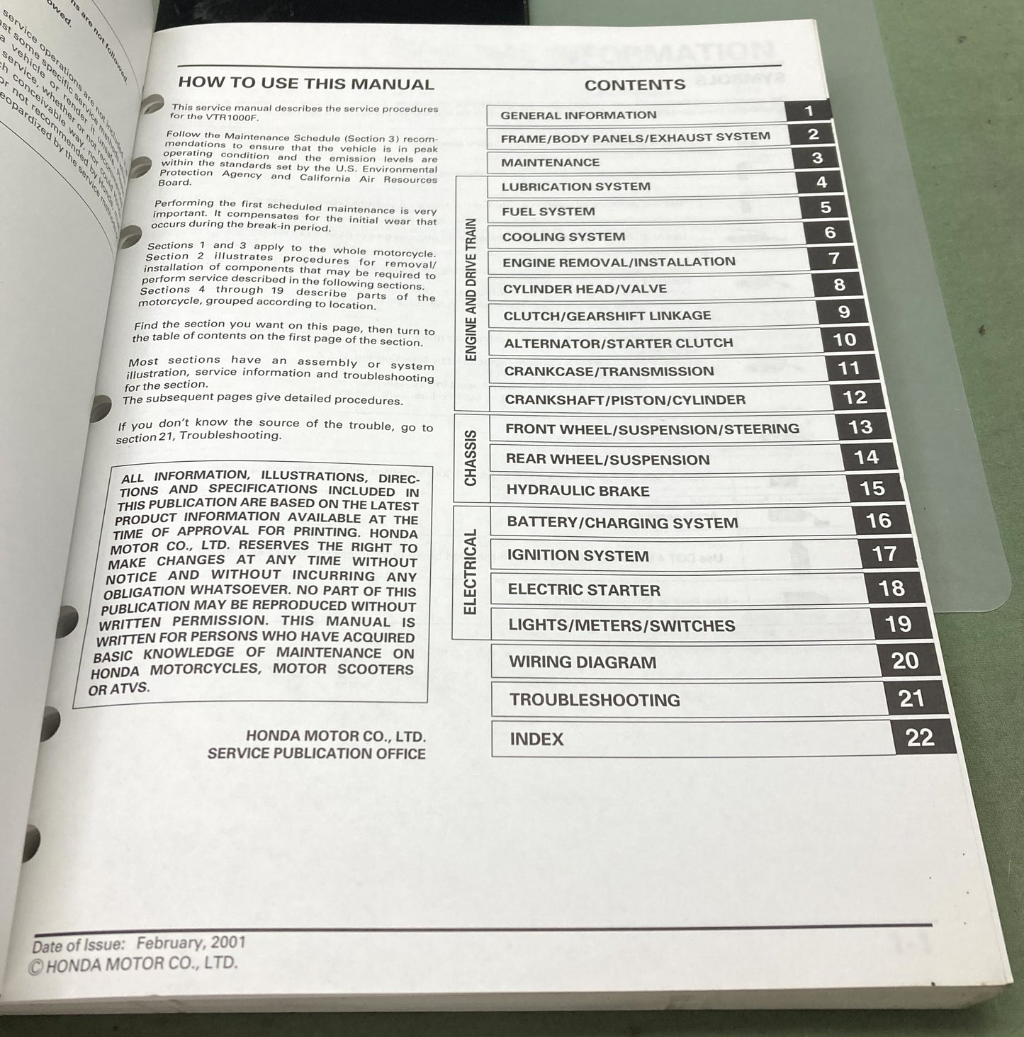 Genuine Honda 61MBB03 VTR1000F Super Hawk Service Manual 2001