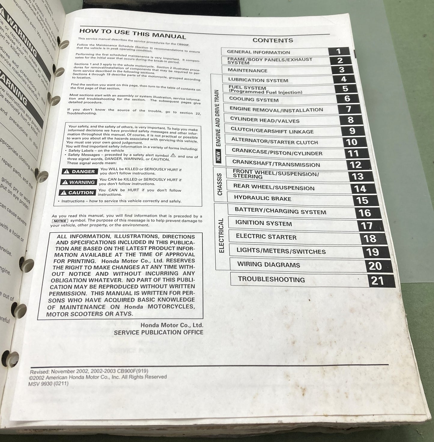 Genuine Honda CB900F 919 Service Manual 2001