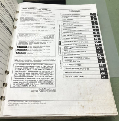 Genuine Honda CB900F 919 Service Manual 2001