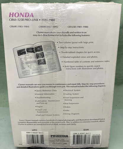 New Genuine Clymer M442 Honda CR60-125K Pro-Link Service Manual '81-'88