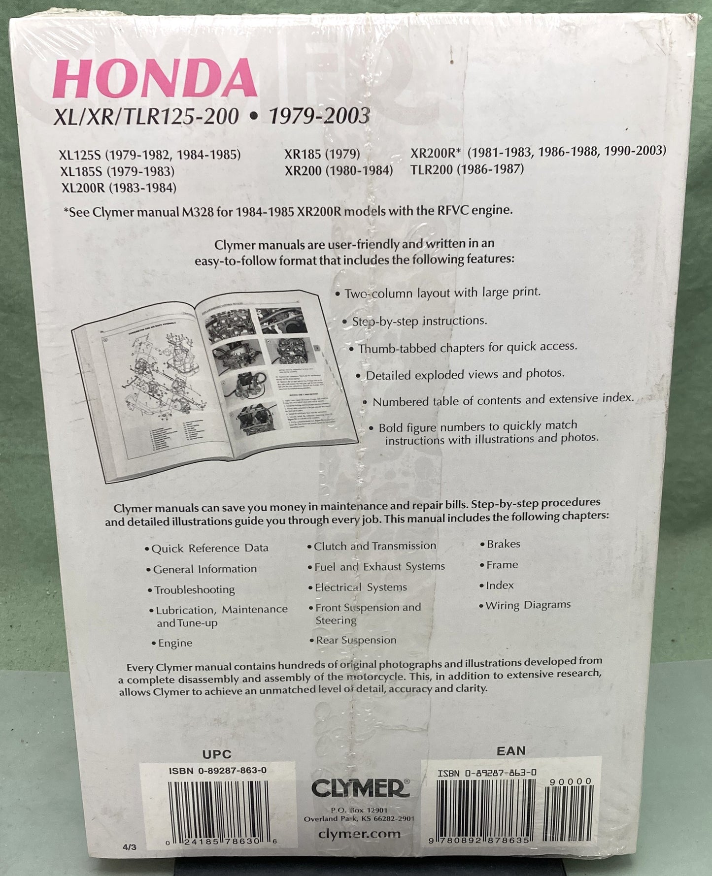 New Genuine Clymer M318-4 Honda XL/XR/TLR125-200 Service Manual '79-'03