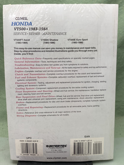 New Genuine Clymer M344 Honda VT500 Service Manual '83-'88