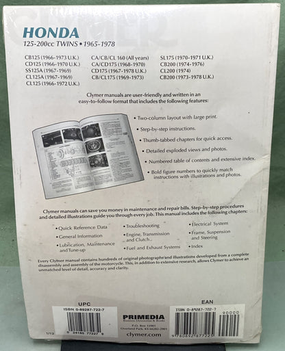 New Genuine Clymer M321 Honda 125-200cc Twins Service Manual '65-'78