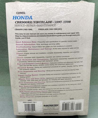 New Genuine Clymer M434 Honda CBR900RR/Fireblade Service Manual '93-'98