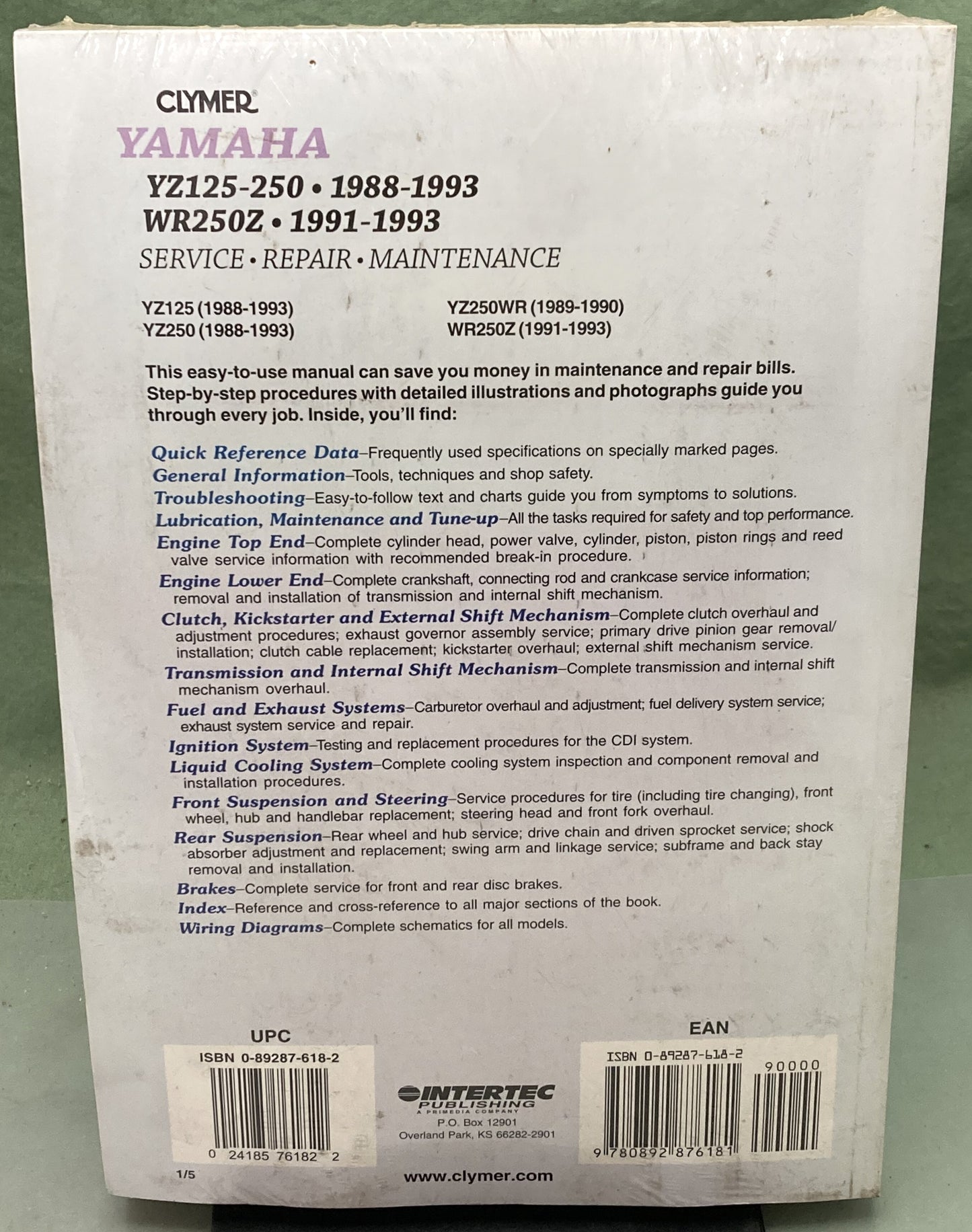 New Genuine Clymer M391 Yamaha YZ125-250, WR250Z Service Manual '88-'93
