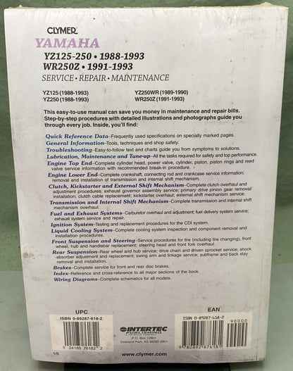 New Genuine Clymer M391 Yamaha YZ125-250, WR250Z Service Manual '88-'93